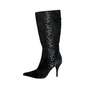 Alfani Women’s Black Tall Boots Heels 6M Vintage Y2K Metal Studded Suede Leather